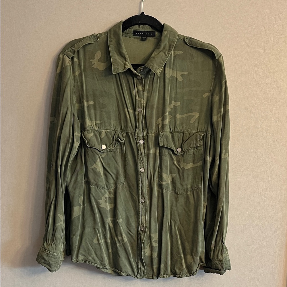 Sanctuary Olive Camouflage Button Down Top